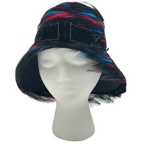 Vintage Black Hat with Red and Blue Feather Trim